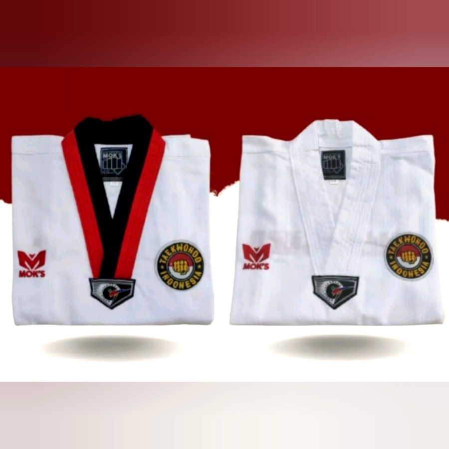 Baju seragam Taekwondo Moks/dobok MOKS pemula kerah PUTIH & MERAH HITAM