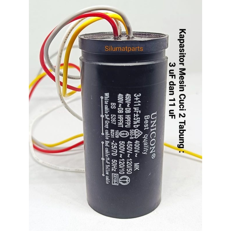 Kapasitor Unicon 3+11uF / Kapasitor Mesin Cuci 2 Tabung 3uF+11uF / Capasitor Mesin Cuci 11+3 Mikro