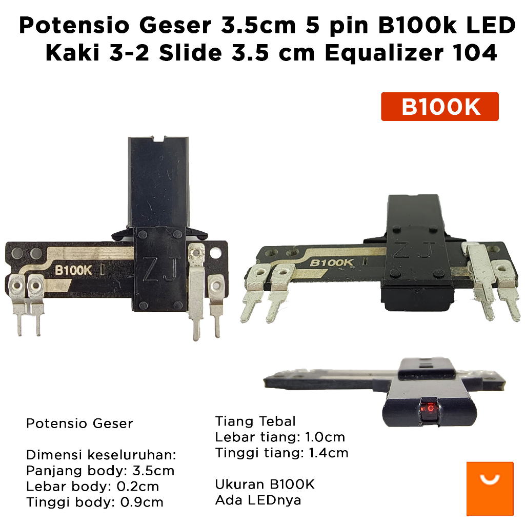 Potensio Geser 3.5cm 5 pin B100k LED Kaki 3-2 Slide 3.5 cm Equalizer 104