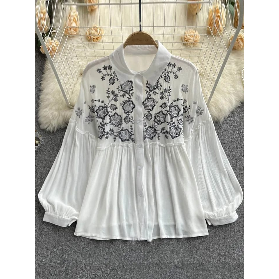 Blouse Wanita Korean Style Flower Bunga Bordir Baju Atasan Muslimah Terbaru Kekinian Blus Cewek Mode