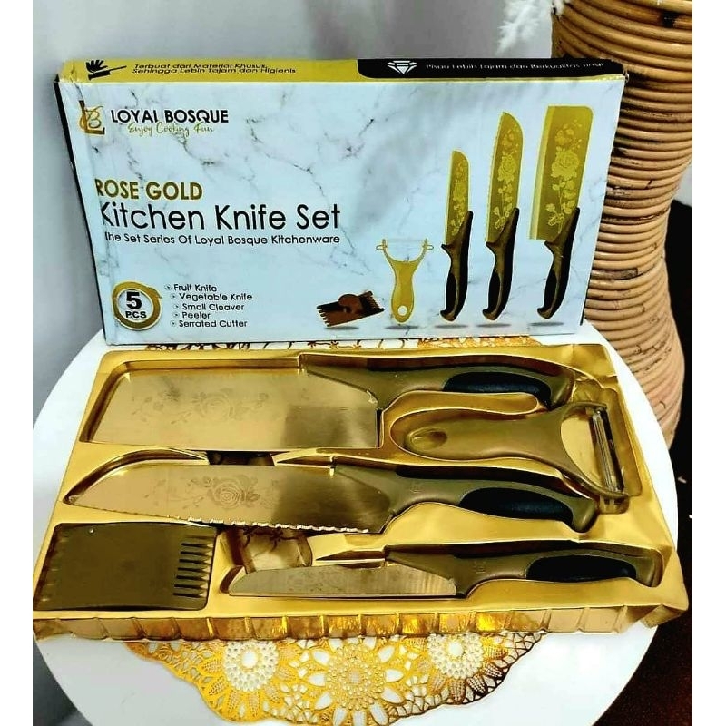 Pisau Set Emas Isi 5pcs Bahan Stainles Steel / J24 Rose Gold Kitchen Knife Set 5pcs / Pisau Set Warn