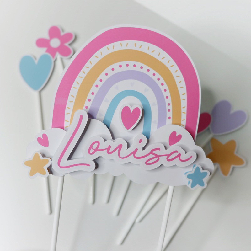 Cake Topper 3D Karakter Rainbow Boho Pelangi Hiasan Kue Ulang Tahun Happy Birthday Anak Perempuan