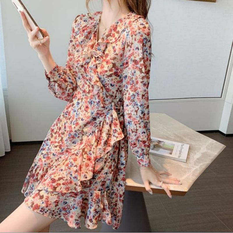 1224 Baju mini dress gaun RUFFLE WRAP VNECK FLORAL lengan panjang dres Korea Korean style wanita imp