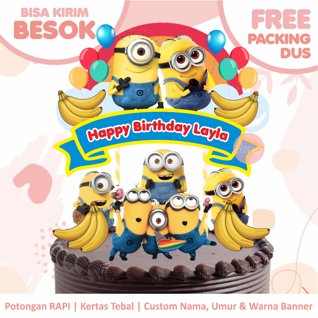 Topper Cake Minion  (Custom Nama & Umur) FREE PACKING DUS