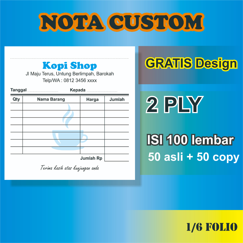 

Nota Custom 1/6 Folio 2 PLY Cetak Custom Nota Toko Cafe Warung Kantor Laundry