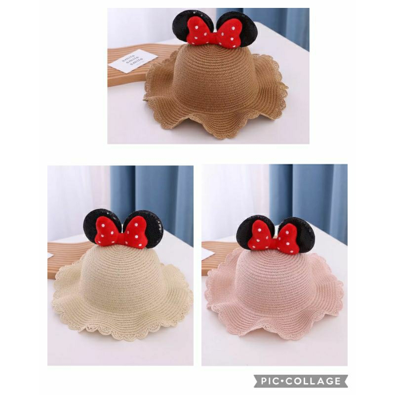 Topi Jerami Anak Perempuan Usia 4-8 Tahun dengan Pita Motif Minnie untuk Pantai dan Liburan