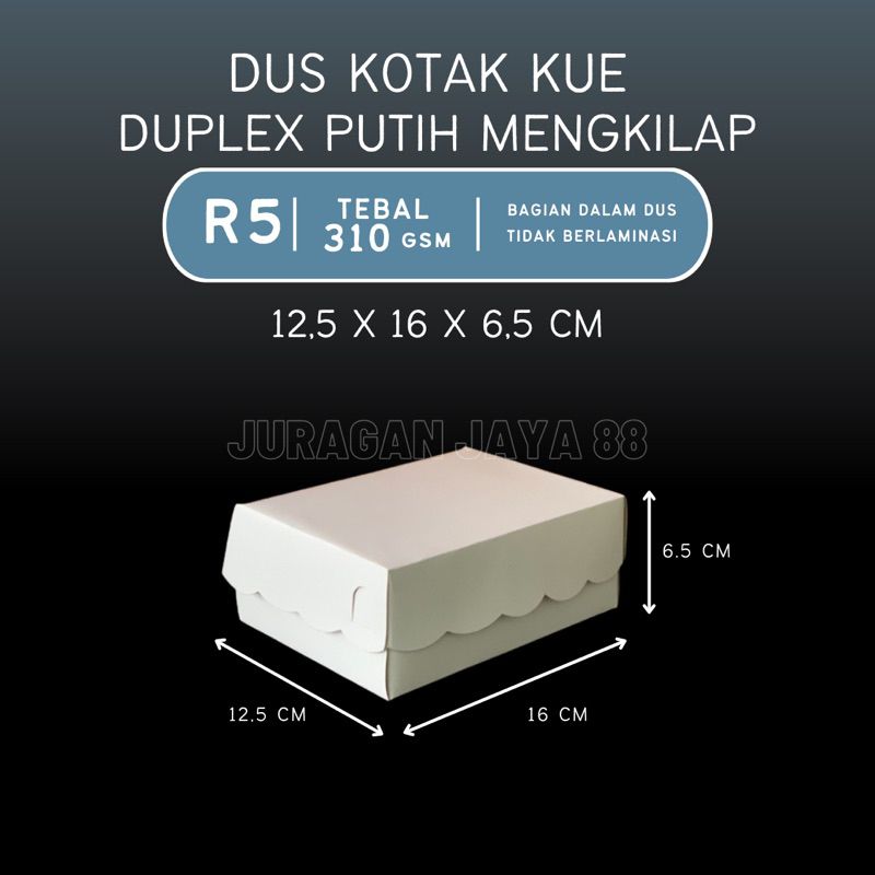 

Dus Kue (R5) 16cm x 12,5cm x 6,5cm Duplex Coated Putih Mengkilap (Ketebalan 310 gram) Finishing | Muat Aqua Gelas dan Roti 4-5 Biji Kotak Kue Basah Tempat Kue Kering