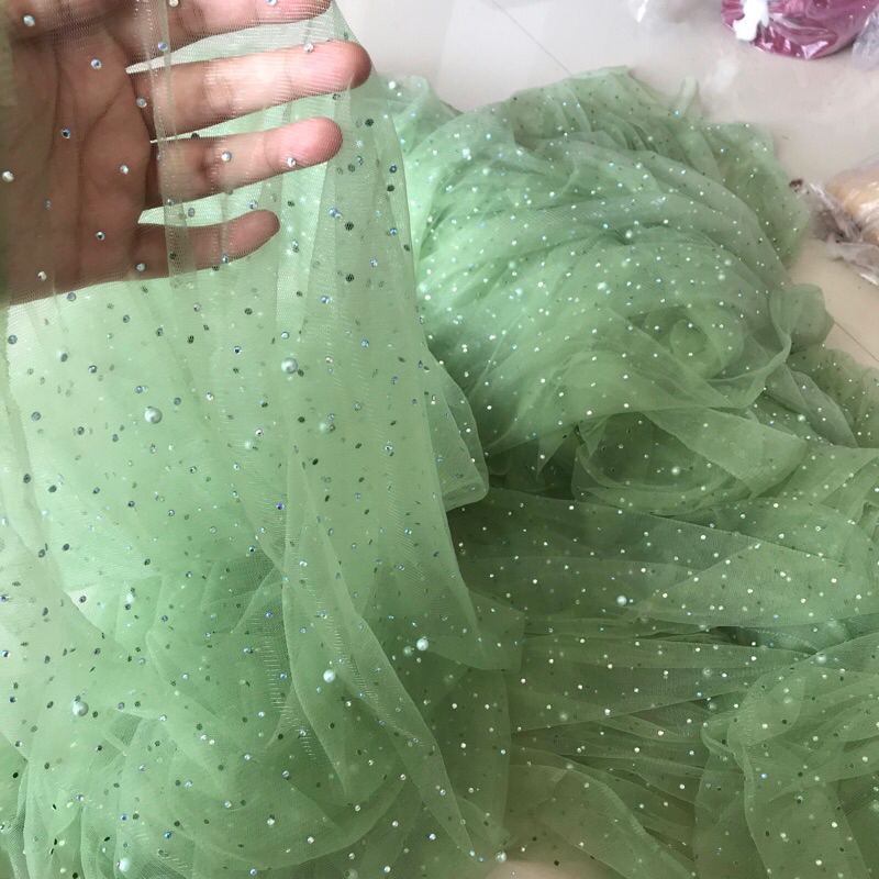 kain tile mutiara Swarovski dan raindrop