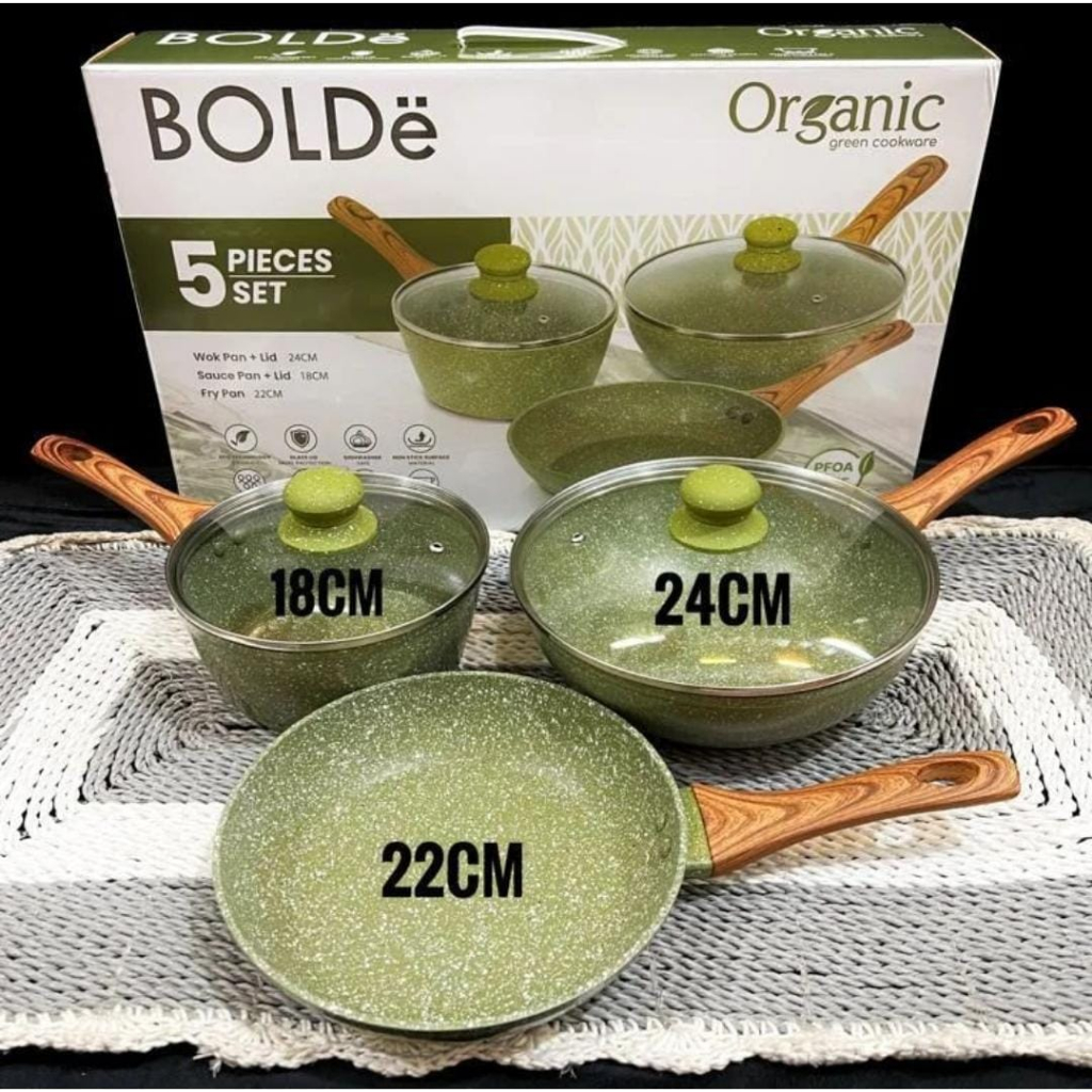 PANCI SET BOLDE ORGANIC 5PCS GREEN/panci set bolde hijau/ panci premium/pan bolde/ wajan premium/waj