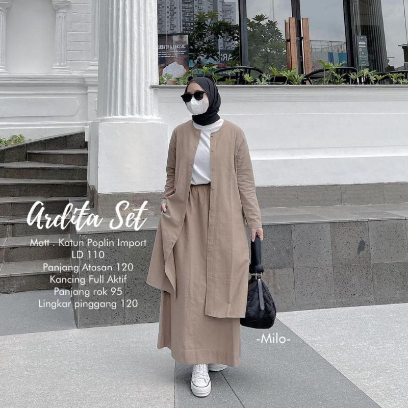 Estusae  : Ardita Set / One Set / Setelan Atasan Long Tunik Bawahan Rok Bahan Katun LD 110