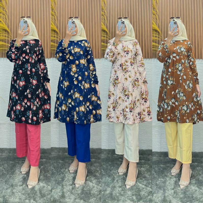 one set wanita long tunik katun streth motif premium