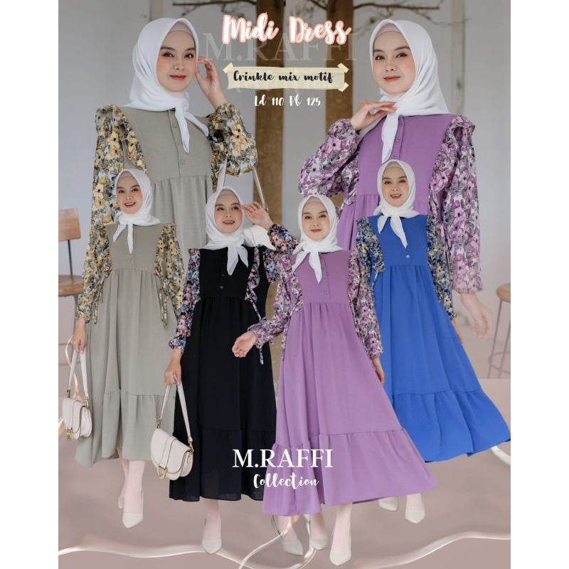 Cintya Dress Crinkle Mix Motif/ Midi Dress Wanita Crinkle Bunga
