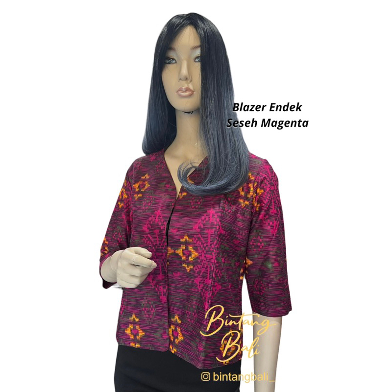 Blazer Endek Bali Wanita Bahan Katun Lengan 3/4 Motif Seseh Gerimis Warna Magenta Pink Keunguan dan 
