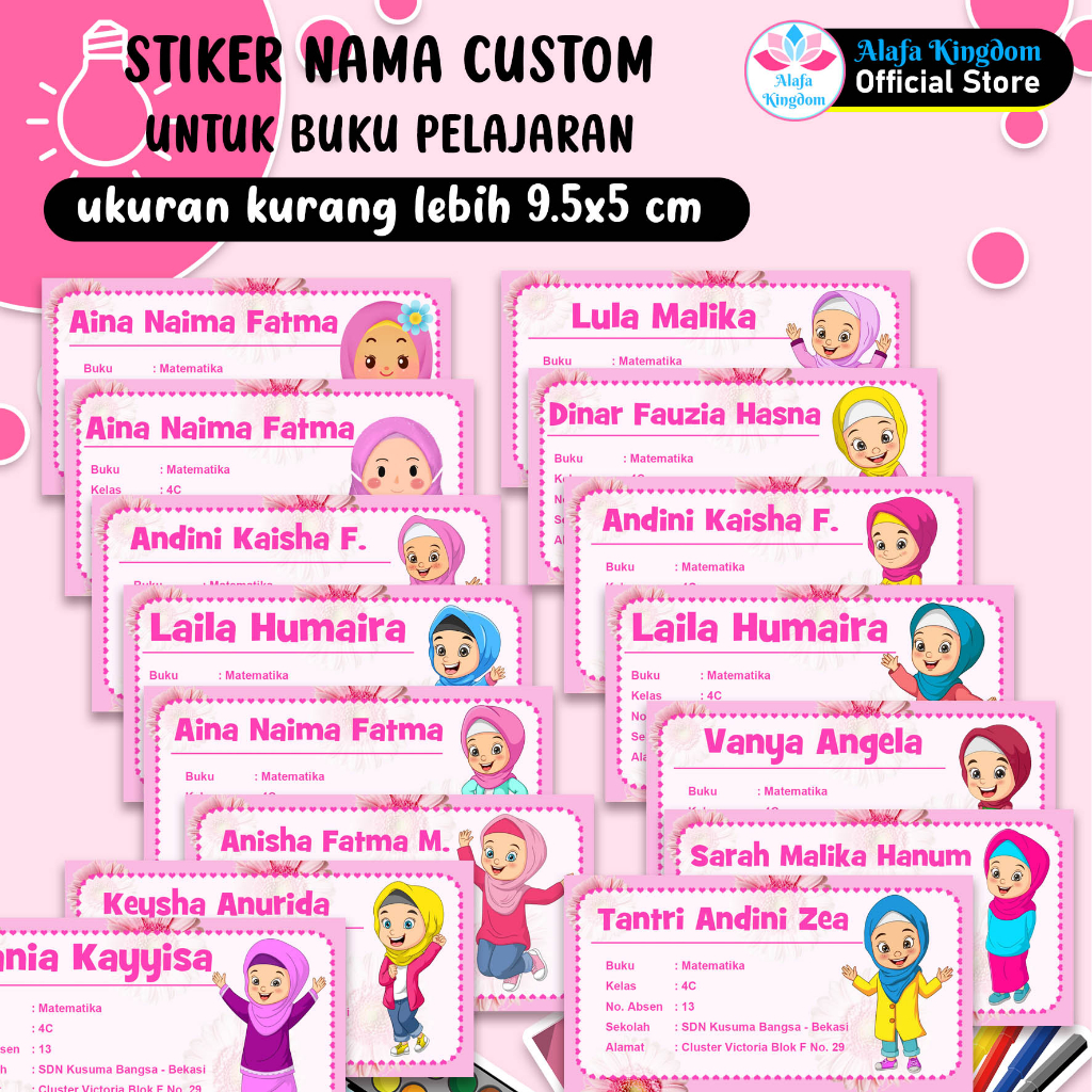 Alafakingdom Stiker Nama Buku Sekolah Anak Tema Little Muslimah Kids Hijab