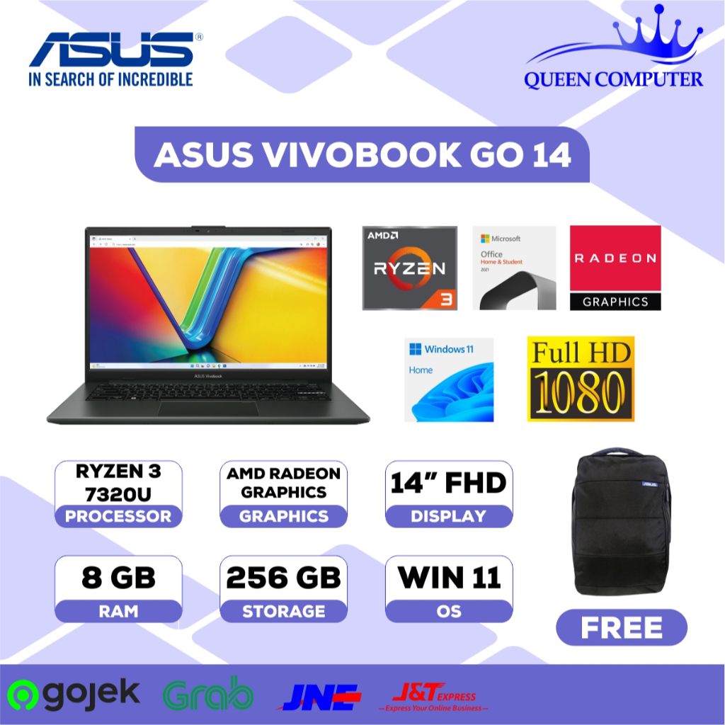 Laptop ASUS Vivobook Ryzen 3 7320U 8GB 256GB W11 + OHS 2021 Garansi Resmi