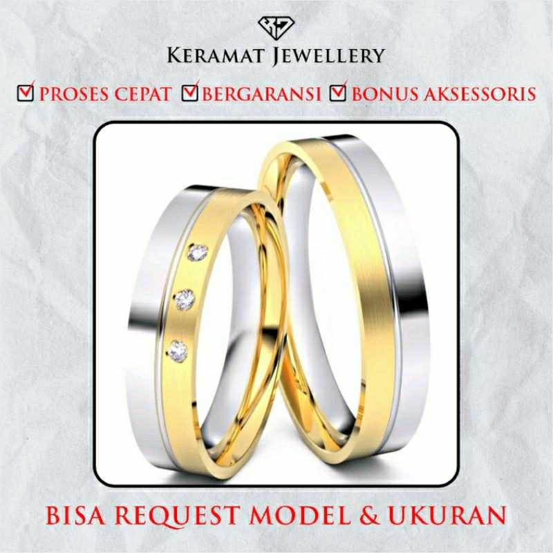 Cincin Kawin Couple Perak & Emas Putih - Bebas Request Model Cincin Custom By Keramat Jewellery - Fr