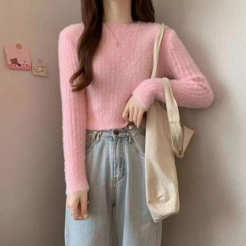 SWETER SWEATER RAJUT BULU FUR CROP TOP ATASAN WANITA GADIS REMAJA BELIA DEWASA MUDA PINK MERAH JAMBU