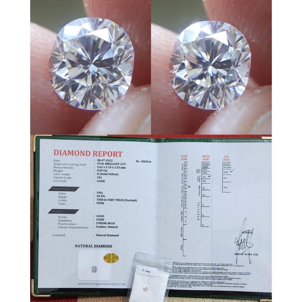 Berlian Asli Banjar Oval Cut Lonjong 0,69crt Sertifikat Vs1 K