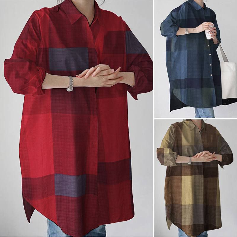 ZANZEA Kemeja blouse wanita import elegan kotak-kotak lengan panjang Terbaru S-5XL