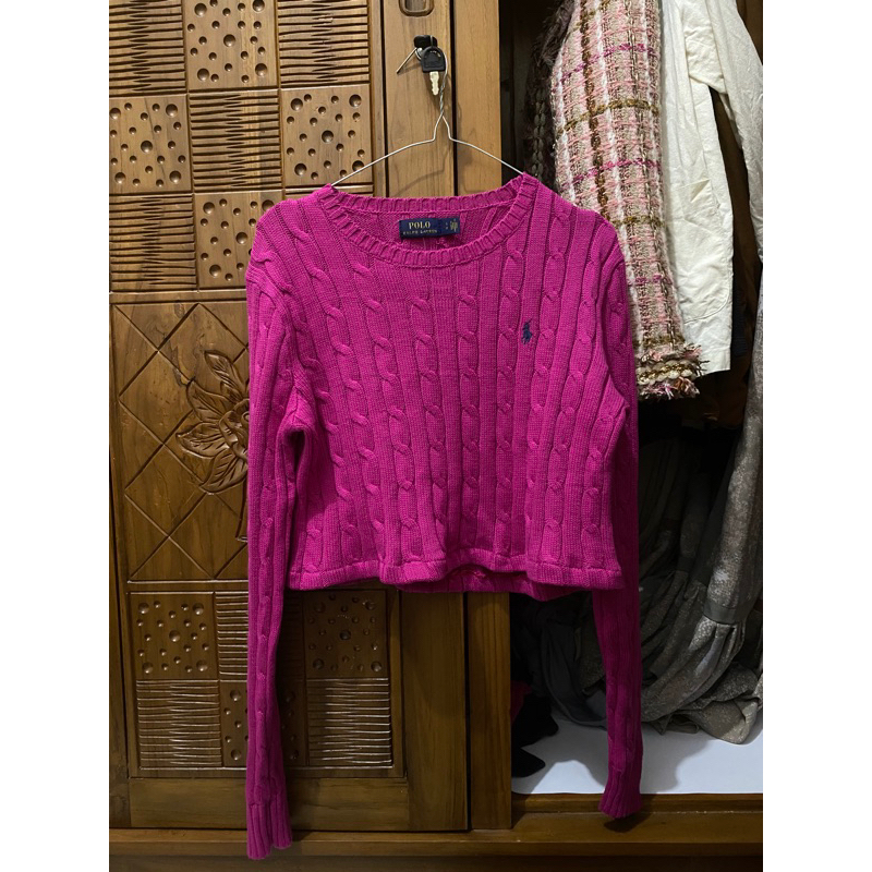 Polo Ralph Lauren Sweater Cable Knit Crop Kepang Pink Fuschia