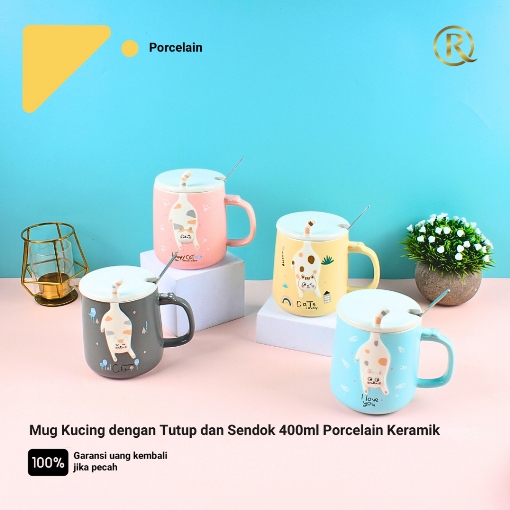 MUG KUCING DENGAN TUTUP DAN SENDOK 400ML PORCELAIN KERAMIK