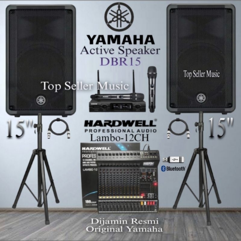 PAKET SOUND SYSTEM AKTIF SPEAKER YAMAHA DBR15 ORIGINAL MIXER LAMBO-12 MIC 2 WIRELESS GARANSI