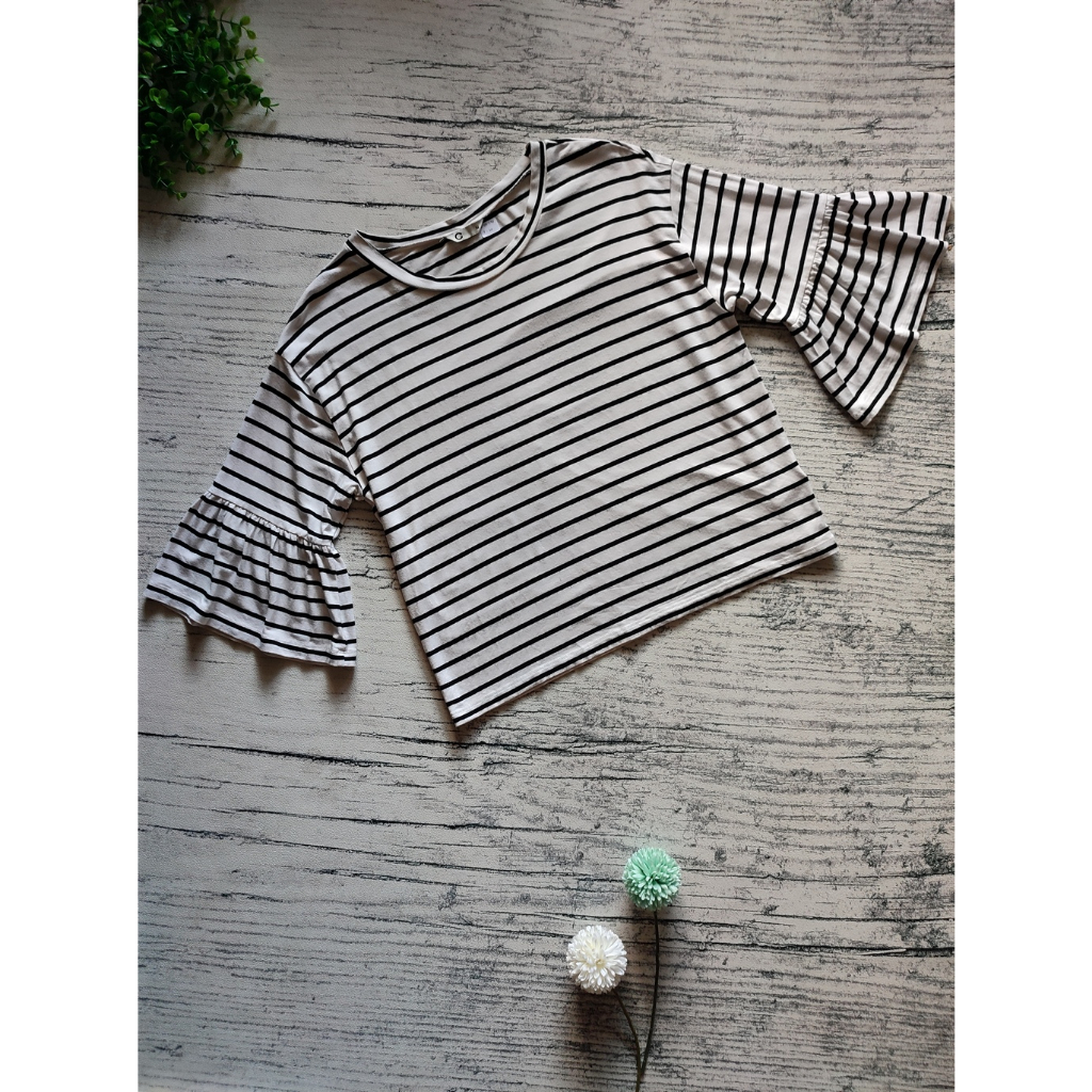 Baju Blouse Wanita Lengan Pendek Hitam Putih Garis Murah