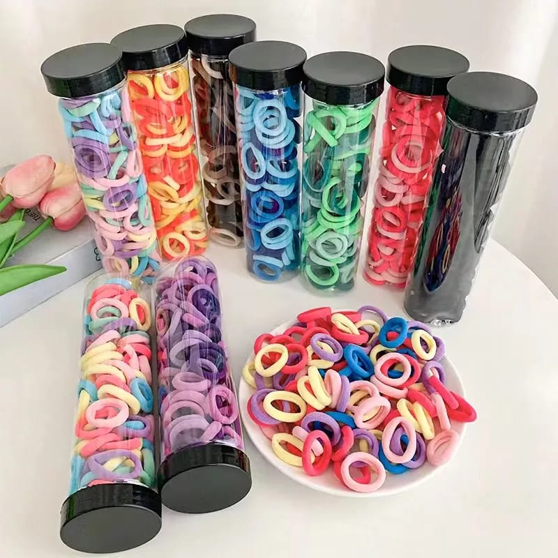 WD Ikat Rambut Wanita Anak Set 100pcs Box Tali Ikat Rambut Karet Elastis Polos Warna Warni Import Fashion Korea Wanita A1