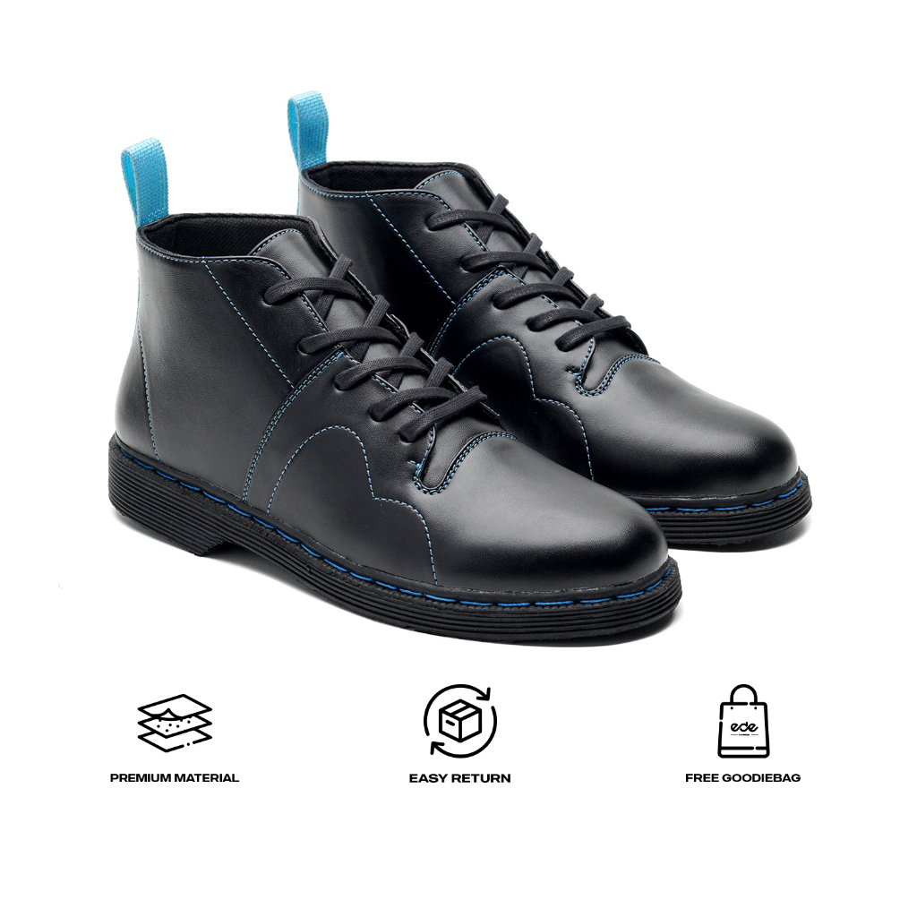 Edefootwear DRAGON BLUE - Sepatu Boots Casual Kulit Tali Hitam Biru Pria