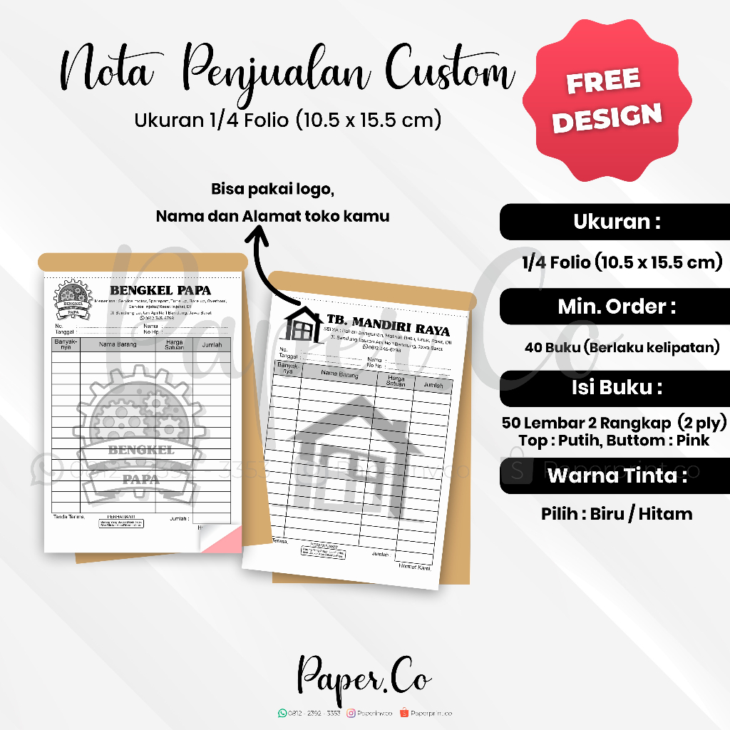 

Nota Penjualan Custom | Nota Custom Ukuran 1/4 F4 2 ply