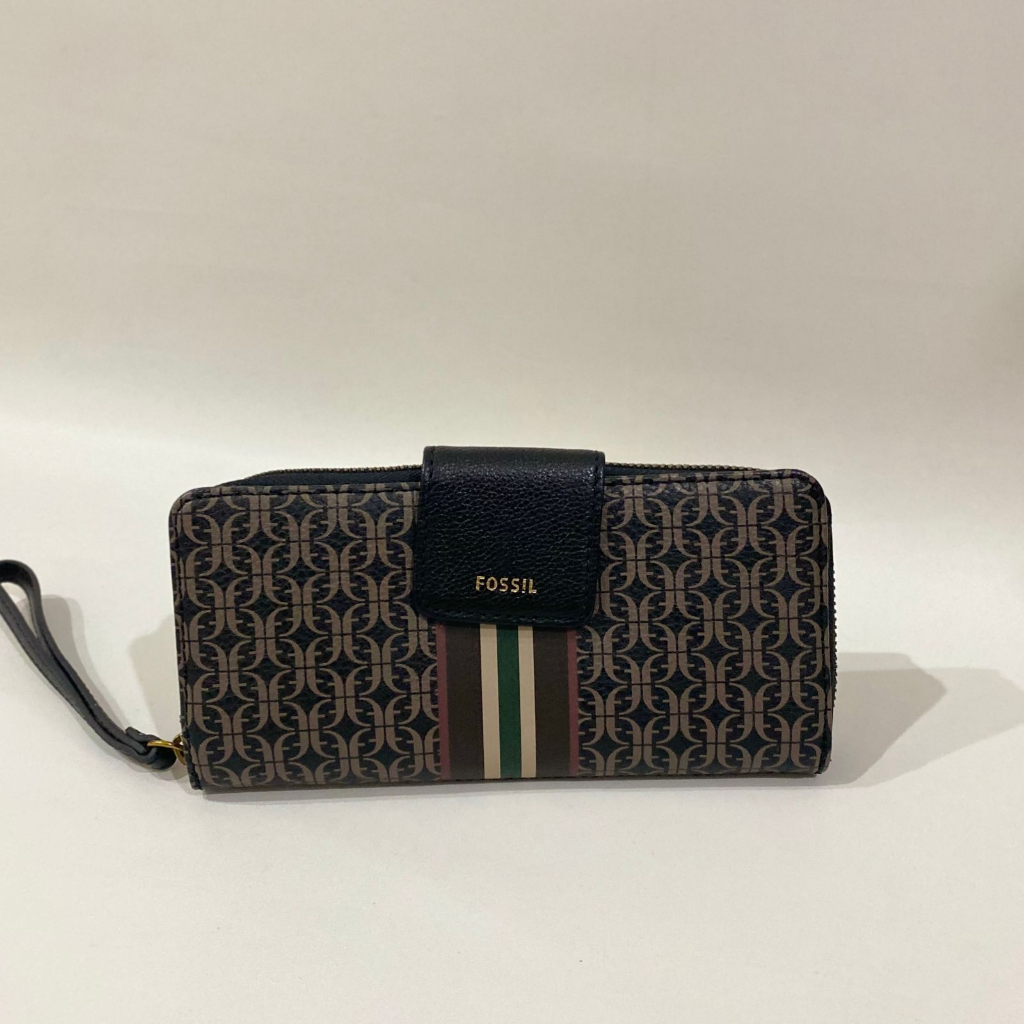 Fossil madison zip clutch black stripe