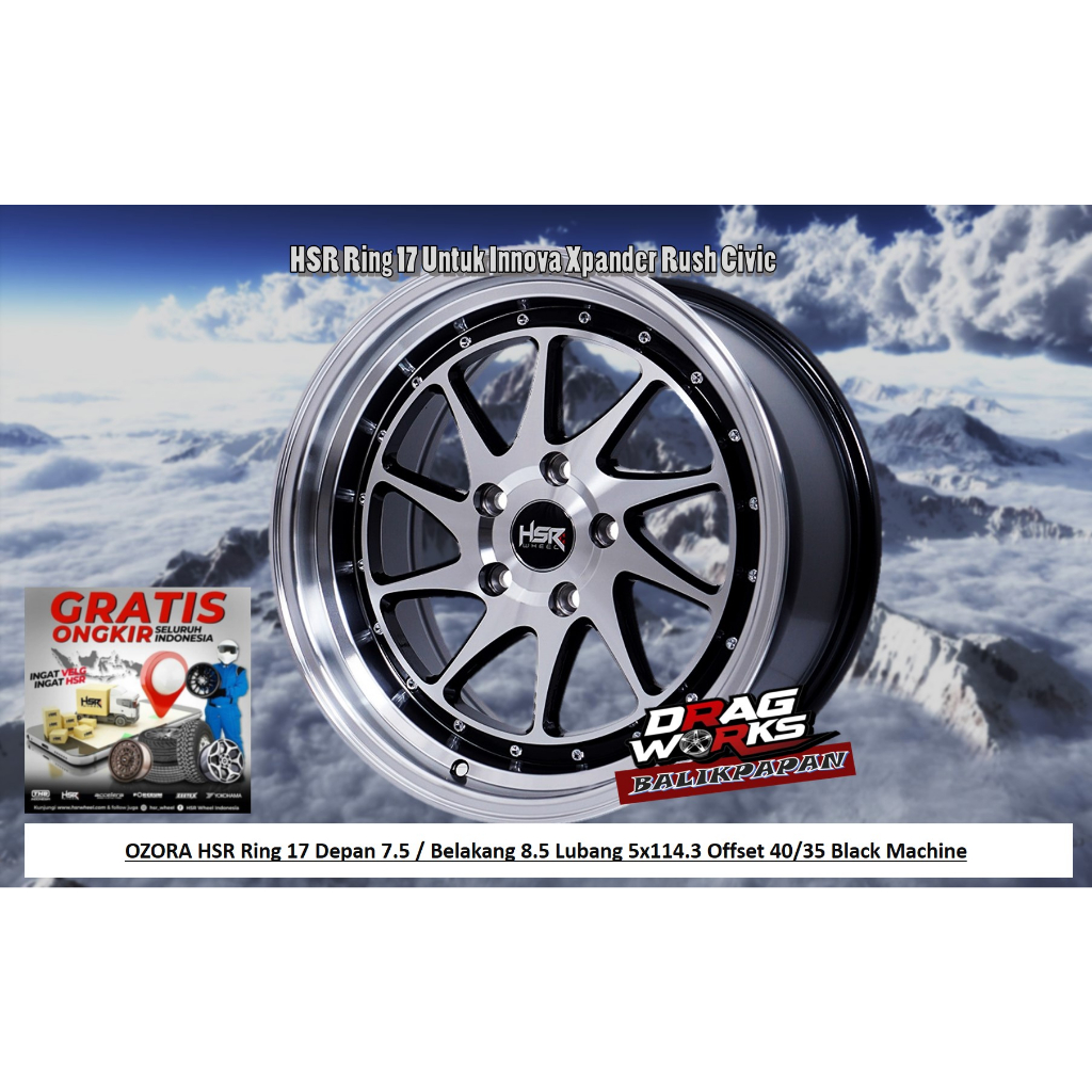 Velg Mobil Celong Ring 17 Pelek HSR Ozora R17 Lebar Depan 7.5 / Belakang 8.5 Lubang 5 Black Machine,