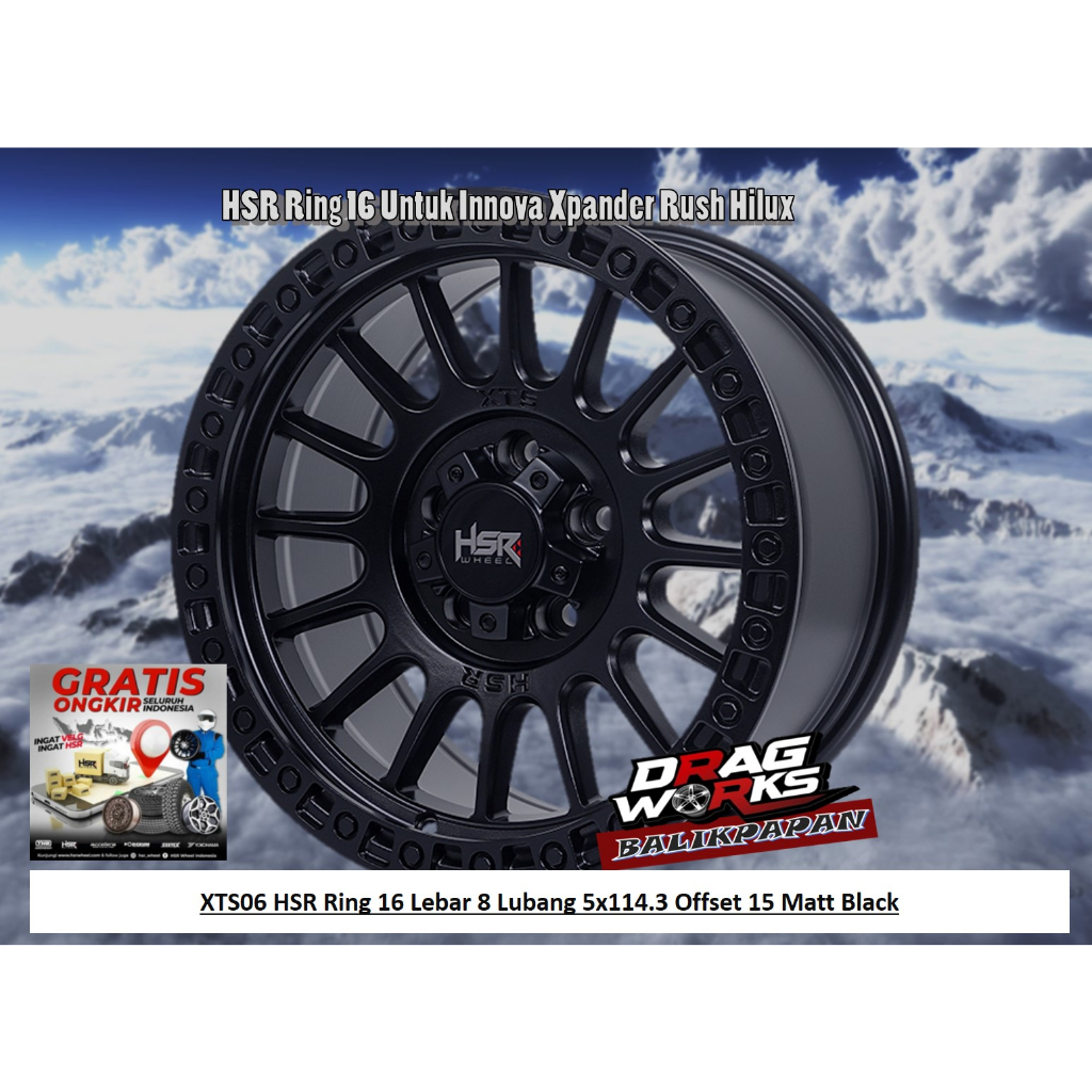 Velg Mobil Racing Ring 16 Pelek HSR XTS05 R16 Lebar 8 Lubang 5 Matt Black, untuk Terios BR-V Innova