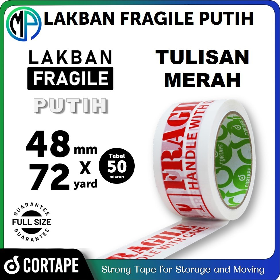 Lakban / Selotip / OPP Tape Printing Fragile Putih Merah 2inch 48mm x 72yard Cortape Harga Satuan