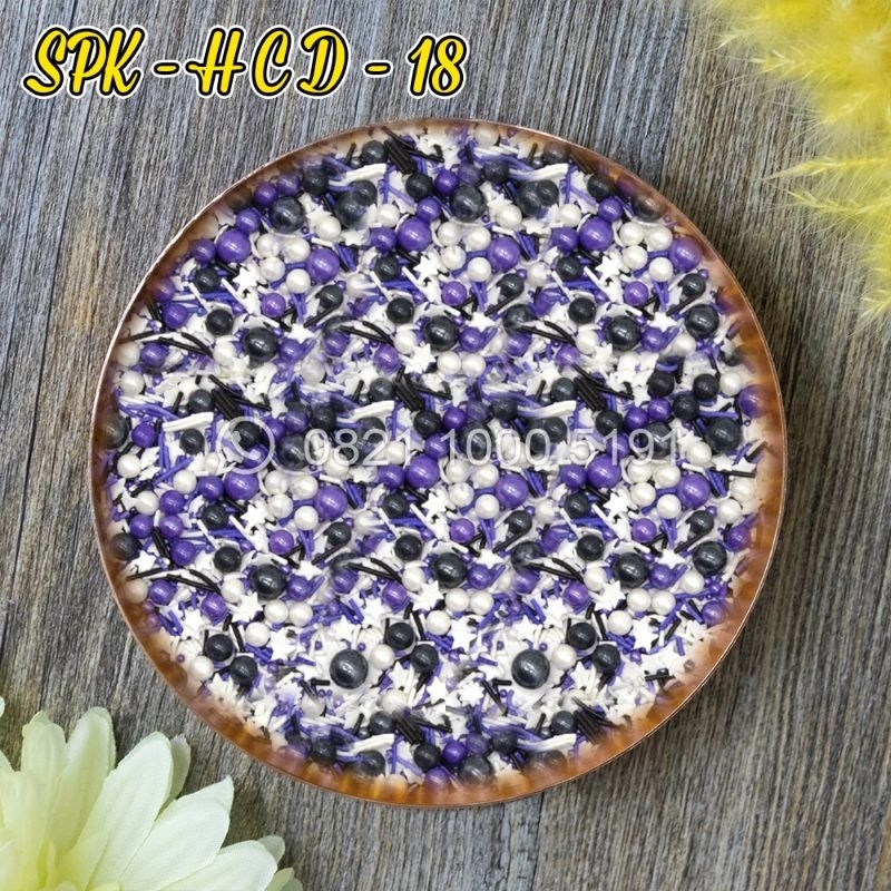 

SPK-HCD-18 SPRINKLES/SPRINKEL/MUTIARA/HIASAN CAKE/SUGAR BEADS UNGU HITAM PUTIH