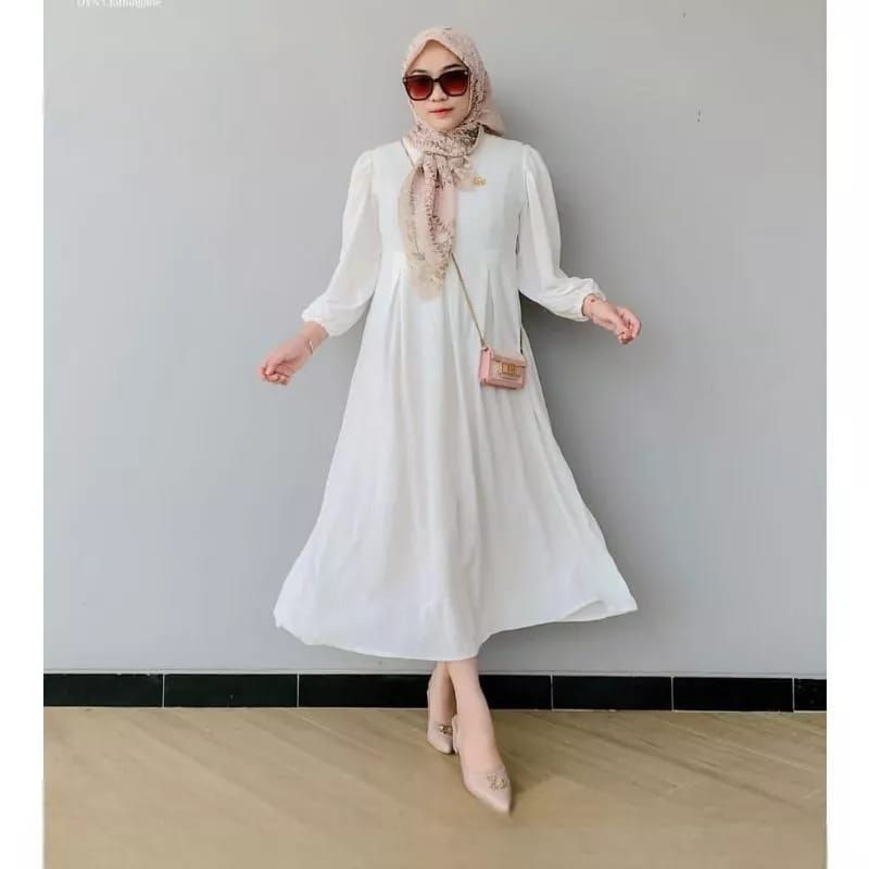GAMIS CRINKLE AIRFLOW ALESYA MIDI DRESS GAMIS PUTIH POLOS SIZE S M L XL GAMIS REMAJA TERBARU FASHION