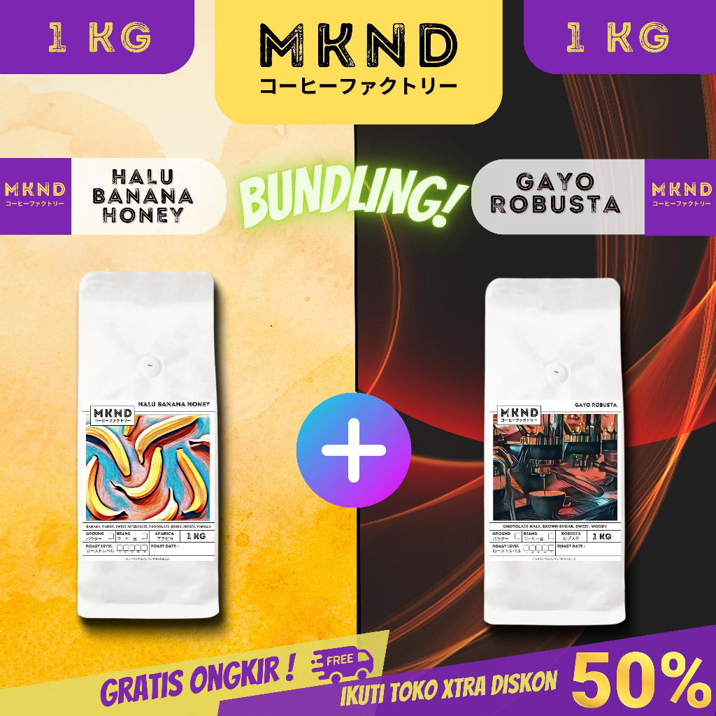 

MKND® BUNDLING HEMAT 2X1KG KOPI ARABIKA HALU BANANA HONEY + KOPI ROBUSTA ACEH PROMO DISCON | BIJI BUBUK | SINGLE ORIGIN | PREMIUM COFFE | ROASTED BEANS | MANUAL BREW | COFFE ROASTERY