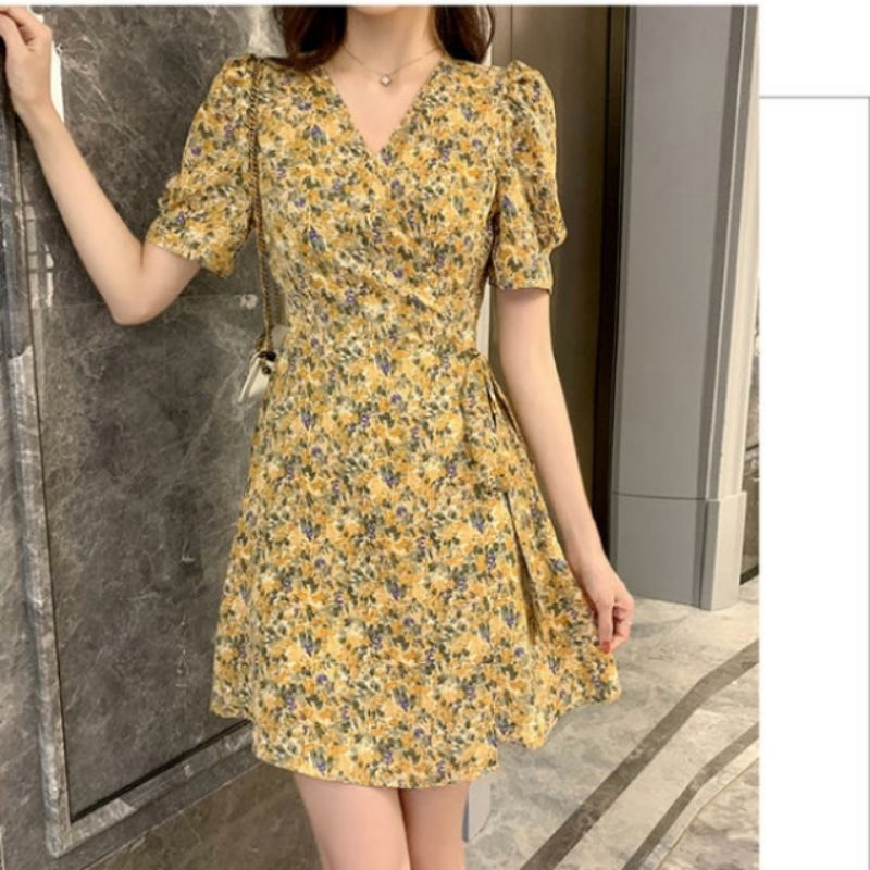 Pakaian mini dress dres lengan pendek bunga bunga kecil model kimono leher Vi neck tali pinggang imp