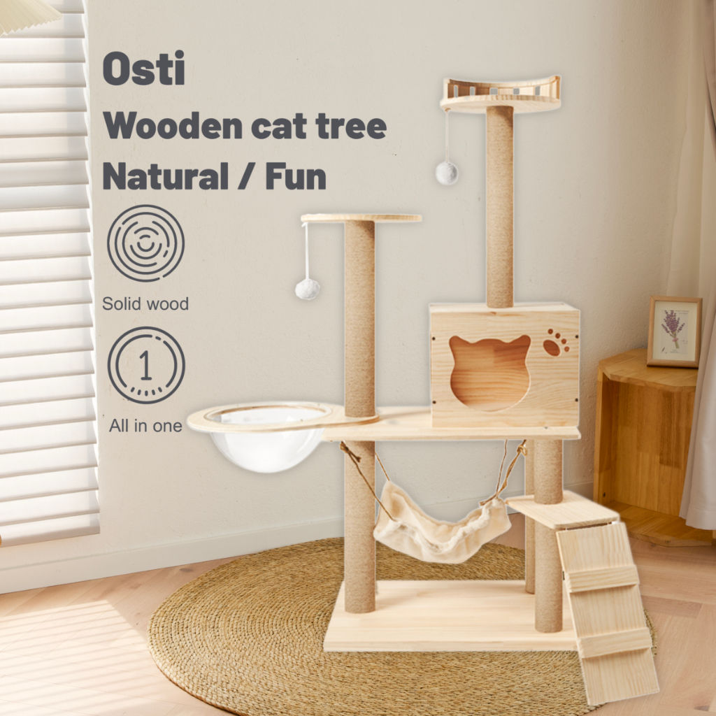 Osti Luxury Solid Wood Cat Tree Cat Tower Cat Condominium dengan Pusat Aktivitas Kucing Kucing