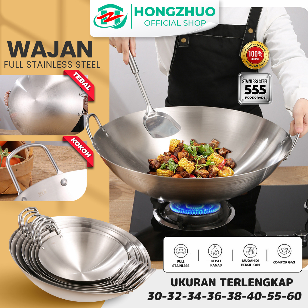 Hongzhuo Wajan Stainless 555 Tebal Kuali Premium  dengan Pegangan Stainless Steel Kuali Besar Katel 