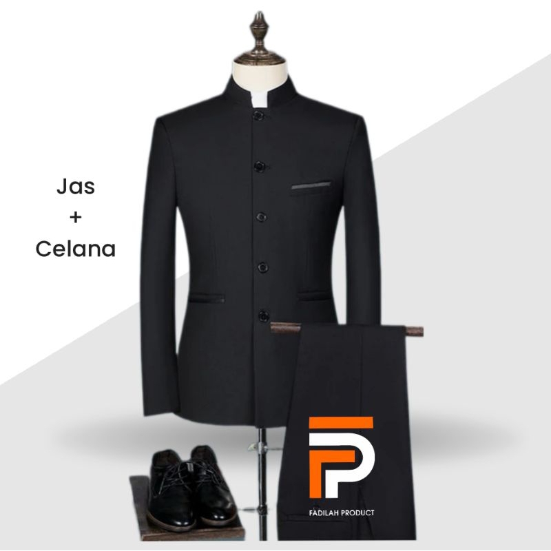 Setelan Jas Pria Gaya Mandarin / Bahan Wool Premium Bertekstur