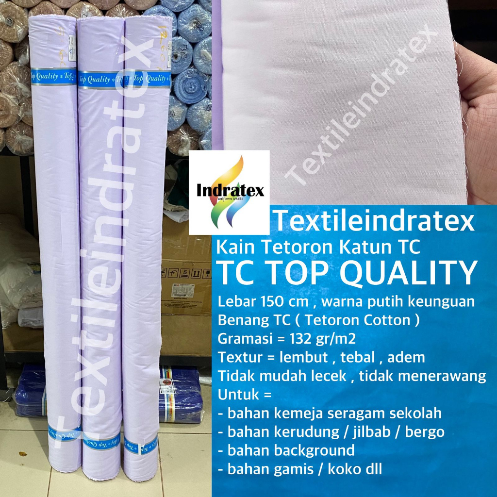 ( per setengah meter ) Kain katun jepang putih TC TOP QUALITY meteran lebar 150 cm bahan baju kemeja