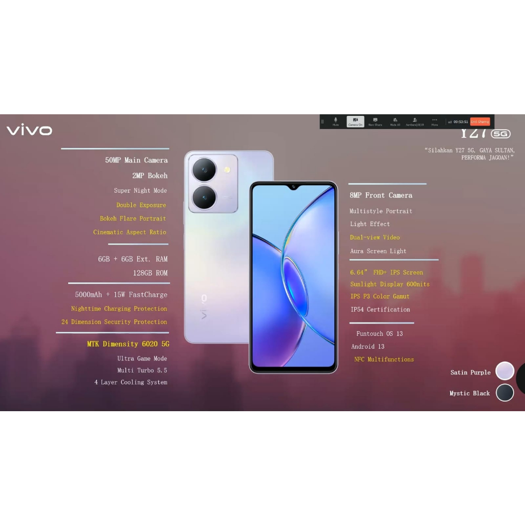 VIVO Y27 4G &amp; 5G 6/128 NFC + EXTENDED RAM 6GB+6GB ROM 128GB