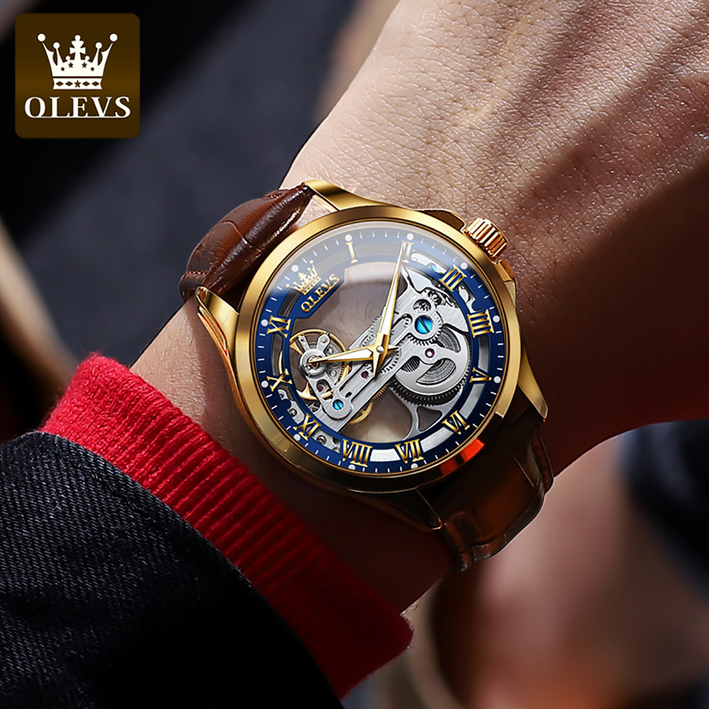 MURAH OLEVS JAM TANGAN PRIA ANTI AIR ORIGINAL AUTOMATIC MECHANICAL LUMINOUS FASHION LUXURY KULIT