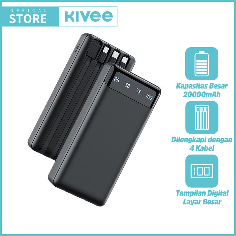 KIVEE Powerbank 20000 mah Fast Charging Mini LCD With Kabel Data lightning Type C Micro USB