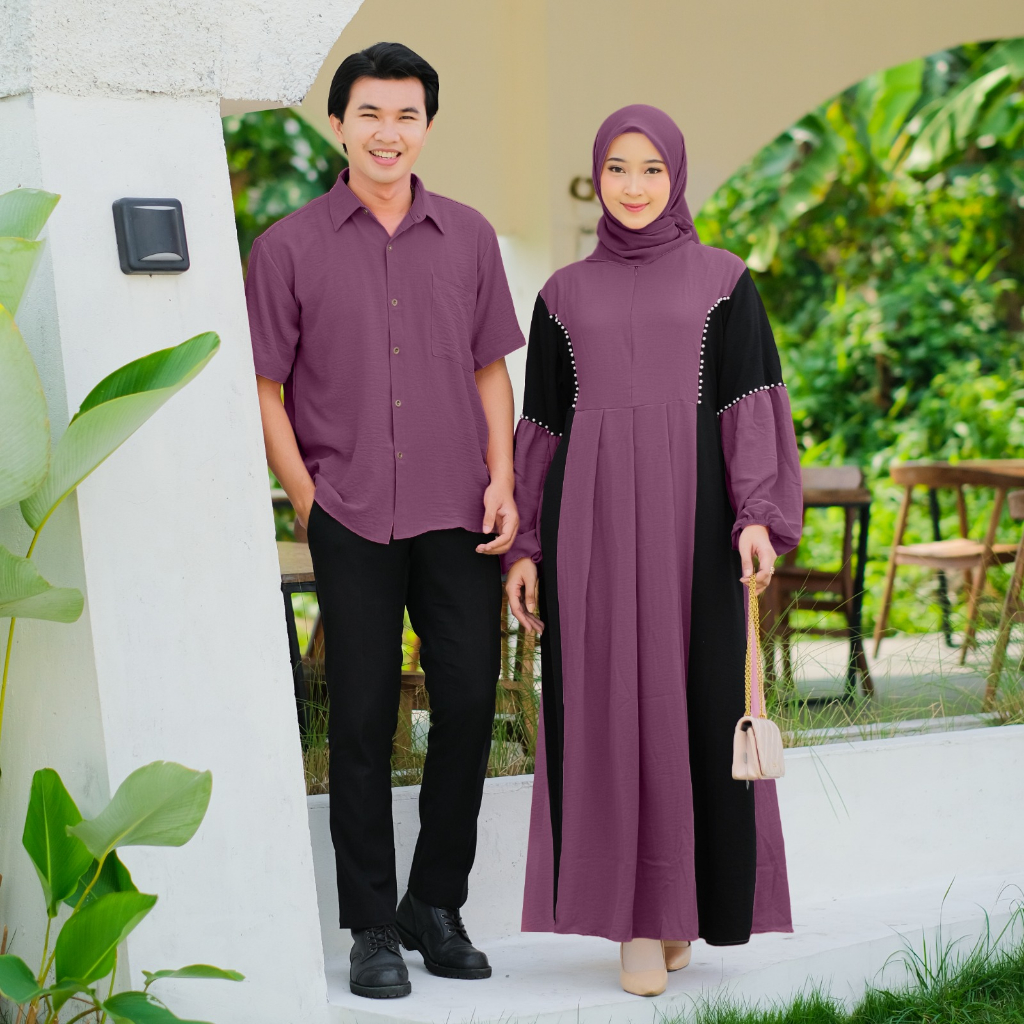 Demore Jelita Couple Gamis dan Koko Pendek Crinkle Airflow Polos Cp Pasangan Muslim Kondangan Mewah