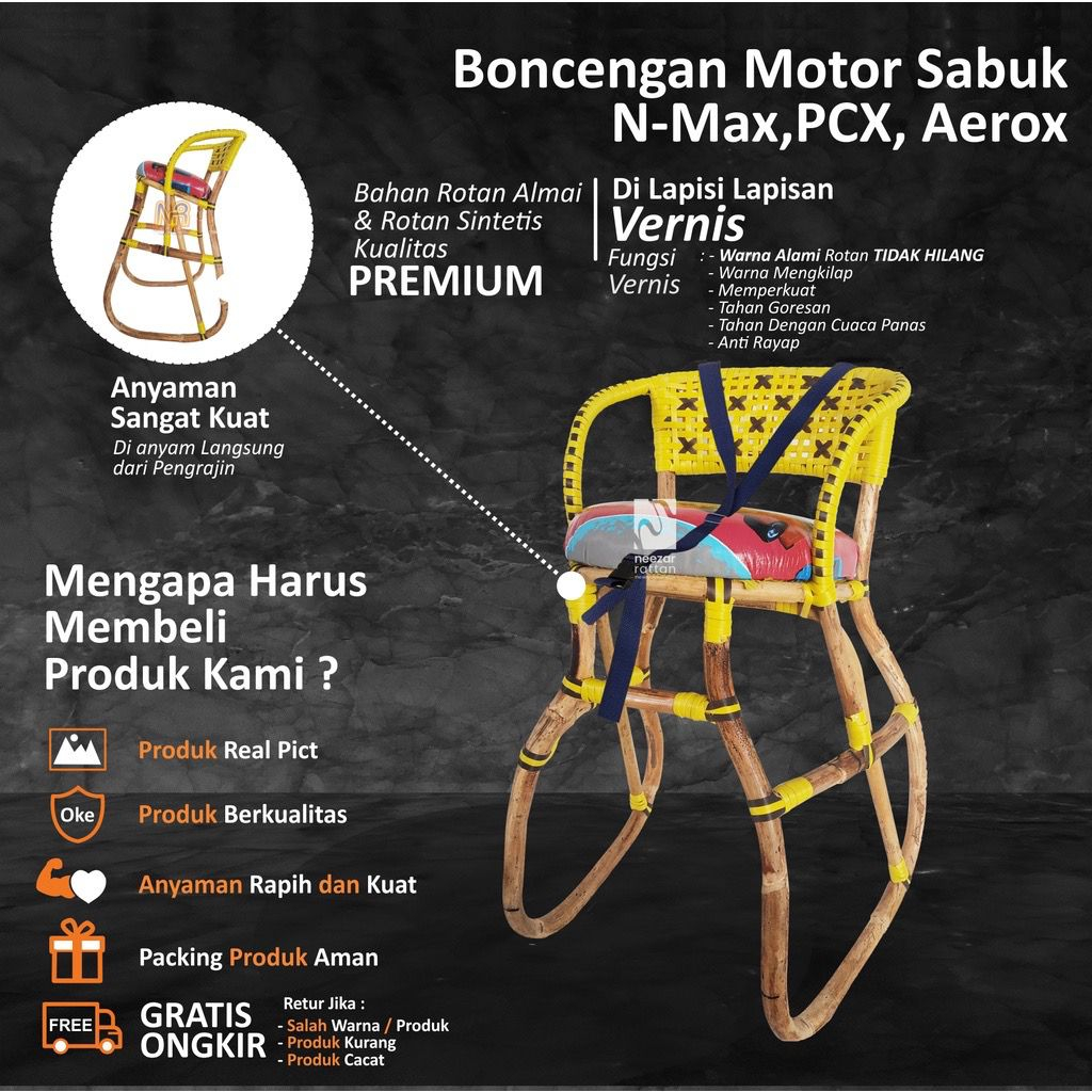 Kursi Boncengan Anak Motor Matic Nmax / PCX / Aerox Full Anyam Rotan Sintetis Plus Sabuk