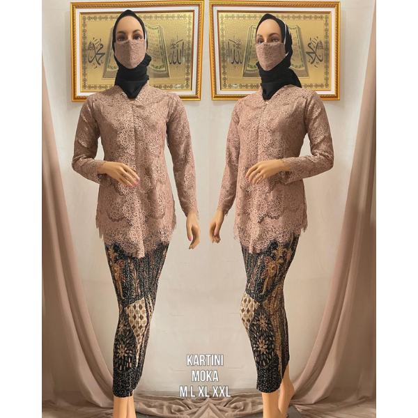 Setelan Kebaya Modern Kartini Brukat Renda , Set Kebaya Muslim Wisuda Brokat Lace Rok Batik Mocca da