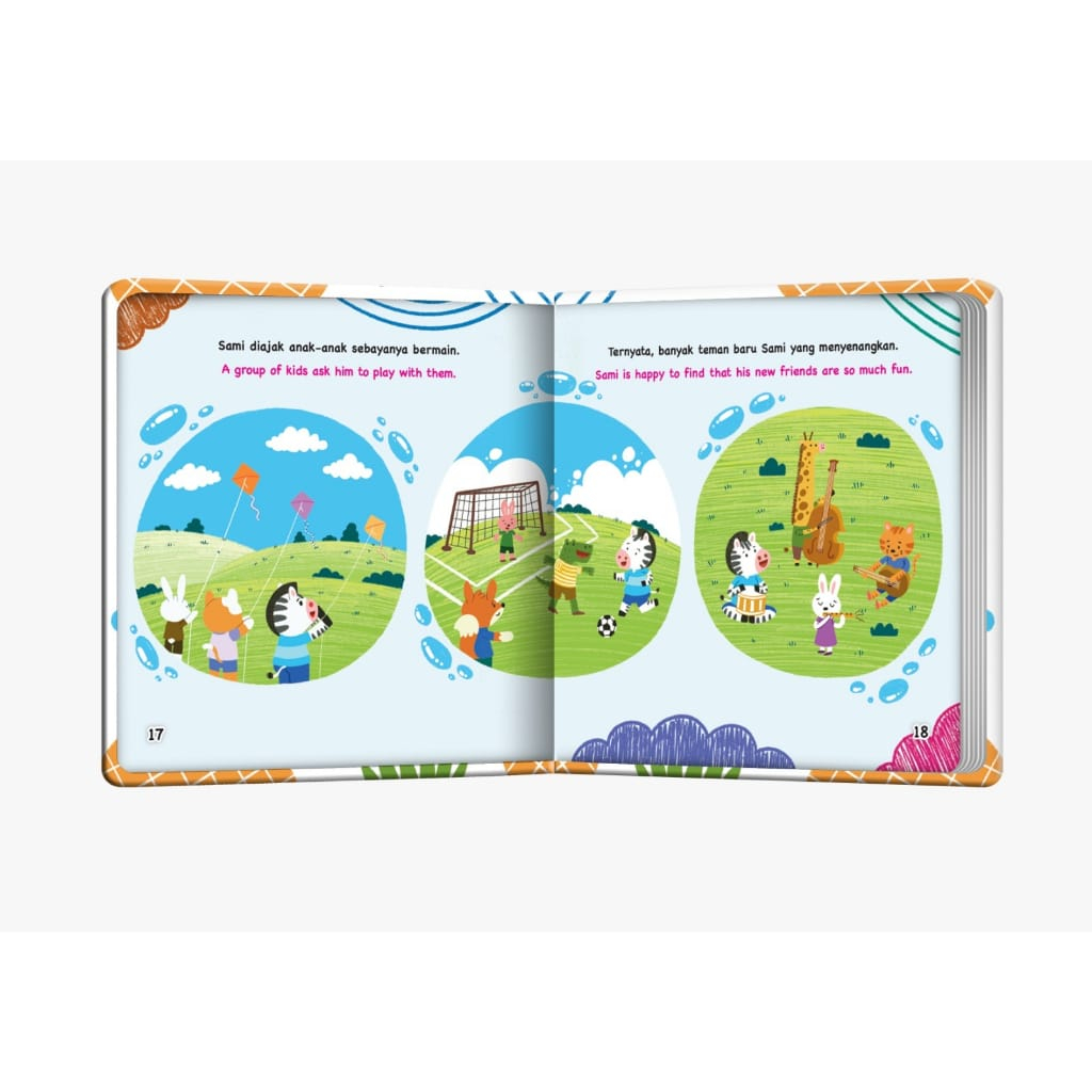 BOARDBOOK Dongeng Halo Balita Bilingual MELATIH KEPERCAYAAN DIRI ANAK: Hari Pertama di Sekolah/Hari Pertama Bertemu Teman Baru/di Rumah Baru. Buku Cerita Agar Anak Berani Berkenalan Percaya Diri Berempati