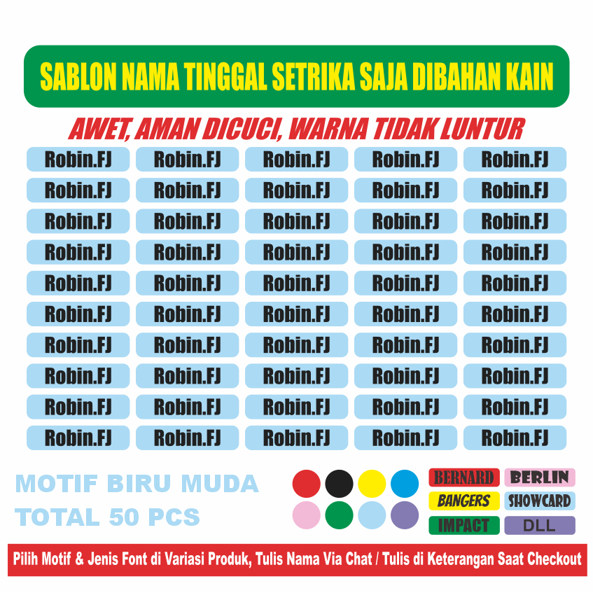 RFJ599 Sticker Nama Label Printing Kain / kaos Sablon Setrika Isi 50pcs Gratis Custom Nama (Bukan Bordir tapi Label DTF Bisa Ditempel)